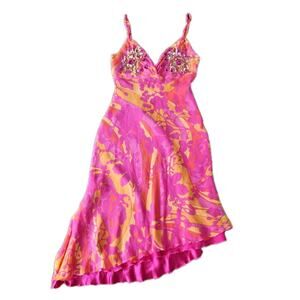 Marciano Vtg Y2K Embroidered Sequin Silk Dress Assymetrical Multi Size Small